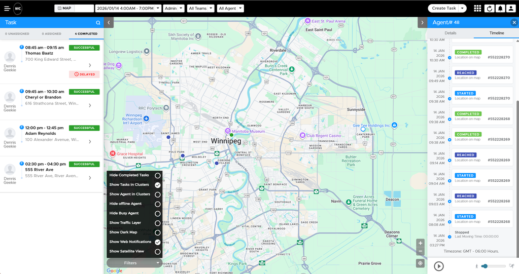 Real NVC360 dispatch dashboard - Live view of technicians across Winnipeg
